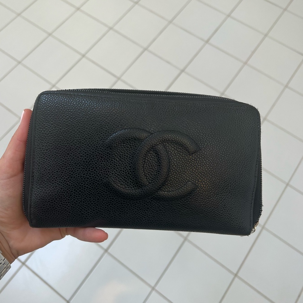 Used. AUTHENTIC. CHANEL Caviar Large Timeless CC Zip Around Wallet Black.